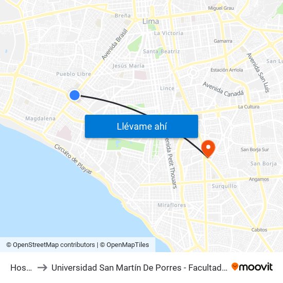 Hospital Pnp to Universidad San Martín De Porres - Facultad De Ciencias De La Comunicación, Turismo Y Psicología map