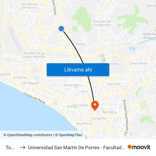 Tomás Valle to Universidad San Martín De Porres - Facultad De Ciencias De La Comunicación, Turismo Y Psicología map