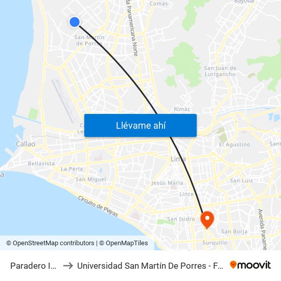 Paradero Inicial- Final Sol De Oro to Universidad San Martín De Porres - Facultad De Ciencias De La Comunicación, Turismo Y Psicología map
