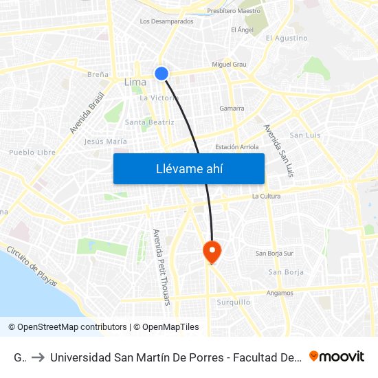 Grau to Universidad San Martín De Porres - Facultad De Ciencias De La Comunicación, Turismo Y Psicología map