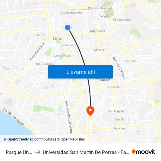 Parque Universitario - Abancay to Universidad San Martín De Porres - Facultad De Ciencias De La Comunicación, Turismo Y Psicología map