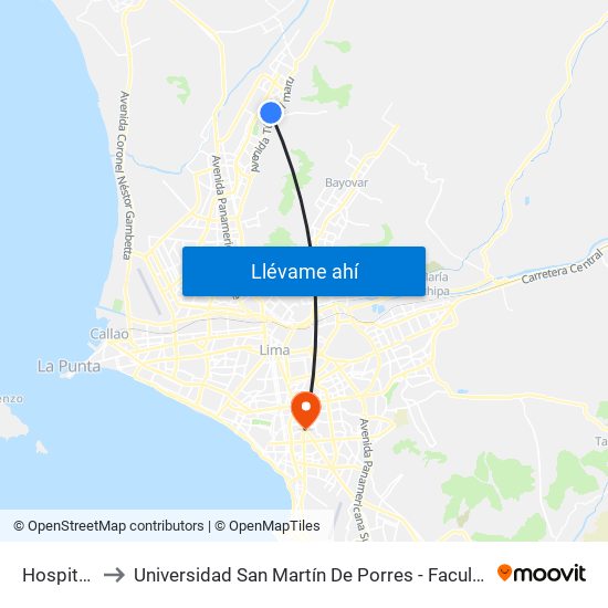 Hospital De Collique to Universidad San Martín De Porres - Facultad De Ciencias De La Comunicación, Turismo Y Psicología map