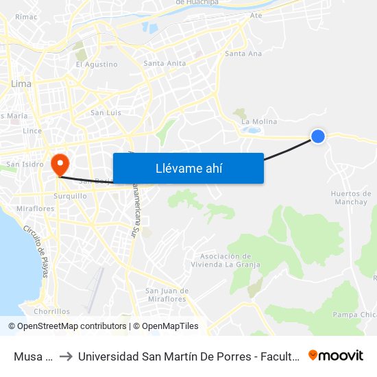 Musa 3ra Entrada to Universidad San Martín De Porres - Facultad De Ciencias De La Comunicación, Turismo Y Psicología map