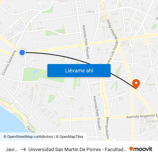 Javier Prado to Universidad San Martín De Porres - Facultad De Ciencias De La Comunicación, Turismo Y Psicología map