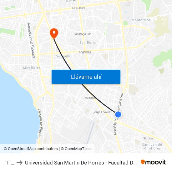 Tinoco to Universidad San Martín De Porres - Facultad De Ciencias De La Comunicación, Turismo Y Psicología map