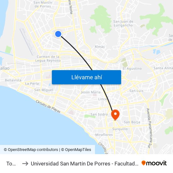 Tomás Valle to Universidad San Martín De Porres - Facultad De Ciencias De La Comunicación, Turismo Y Psicología map