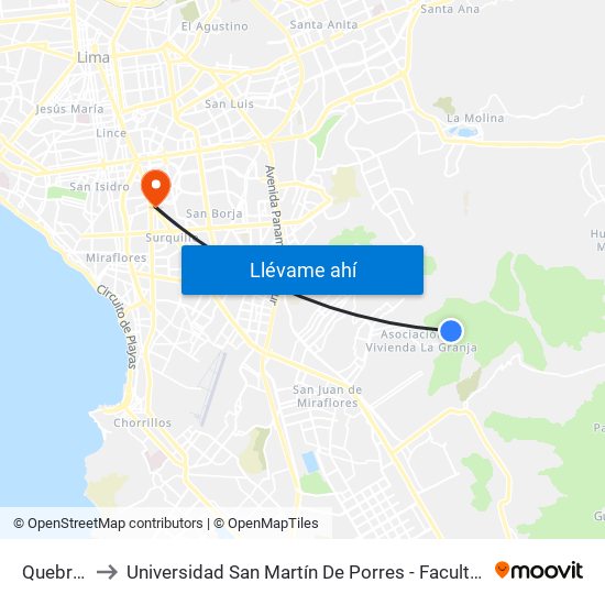 Quebrada Paraiso to Universidad San Martín De Porres - Facultad De Ciencias De La Comunicación, Turismo Y Psicología map