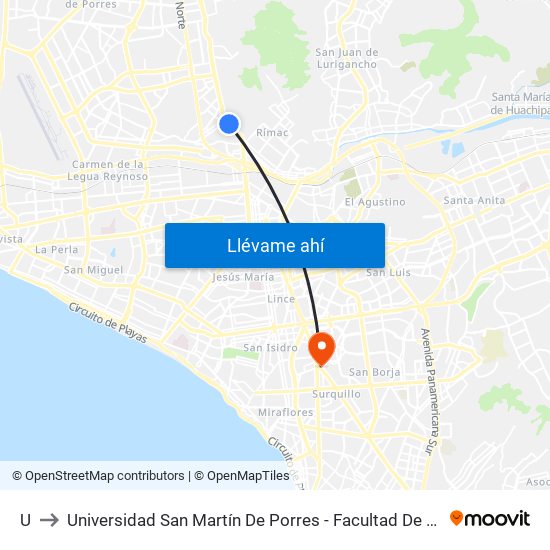 Uni to Universidad San Martín De Porres - Facultad De Ciencias De La Comunicación, Turismo Y Psicología map