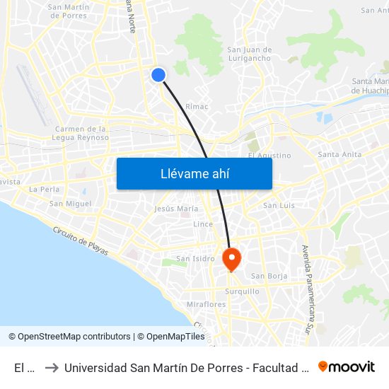 El Milagro to Universidad San Martín De Porres - Facultad De Ciencias De La Comunicación, Turismo Y Psicología map