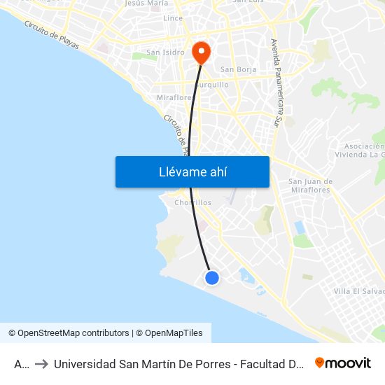 Aruba to Universidad San Martín De Porres - Facultad De Ciencias De La Comunicación, Turismo Y Psicología map