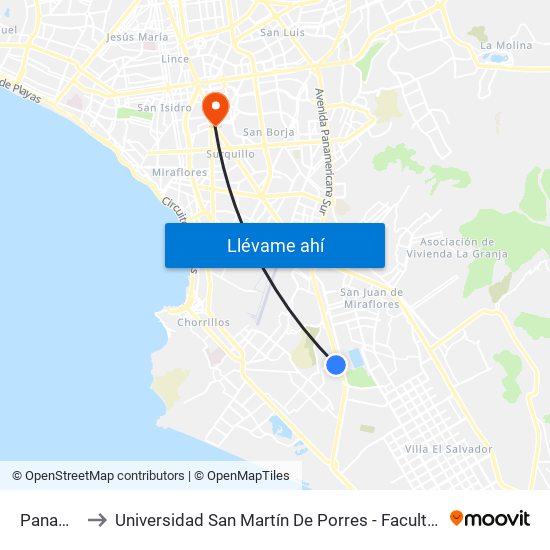 Panamericana Sur to Universidad San Martín De Porres - Facultad De Ciencias De La Comunicación, Turismo Y Psicología map