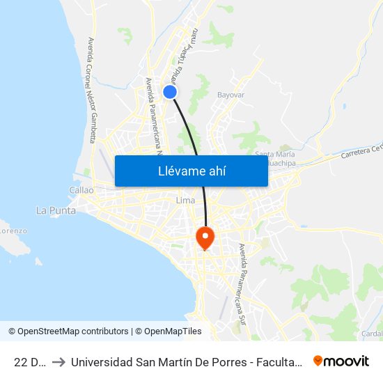 22 De Agosto to Universidad San Martín De Porres - Facultad De Ciencias De La Comunicación, Turismo Y Psicología map