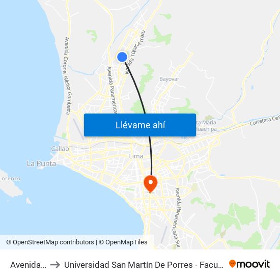Avenida Retablo, 1233 to Universidad San Martín De Porres - Facultad De Ciencias De La Comunicación, Turismo Y Psicología map