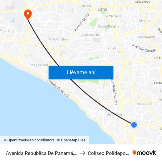 Avenida República De Panamá, 6239 to Coliseo Polideportivo map