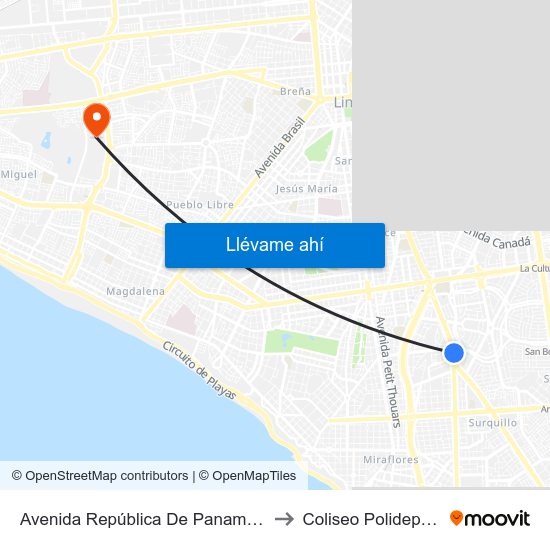 Avenida República De Panamá, 3887 to Coliseo Polideportivo map