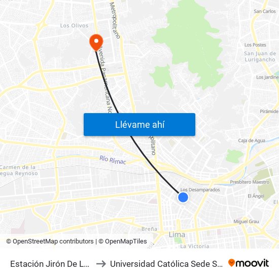 Estación Jirón De La Unión to Universidad Católica Sede Sapientiae map