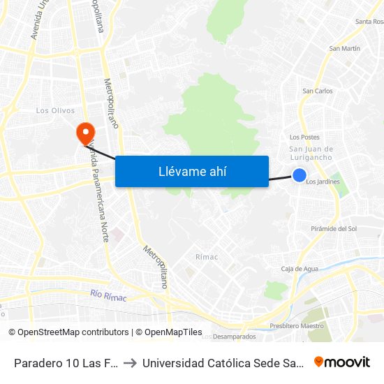 Paradero 10 Las Flores to Universidad Católica Sede Sapientiae map
