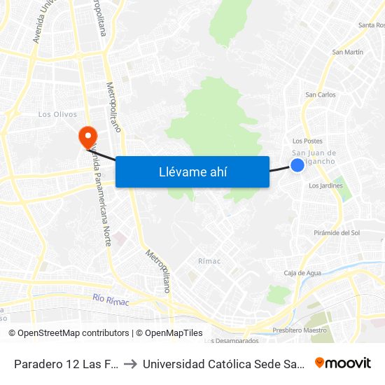 Paradero 12 Las Flores to Universidad Católica Sede Sapientiae map