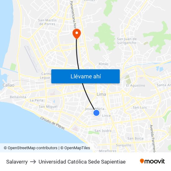 Salaverry to Universidad Católica Sede Sapientiae map