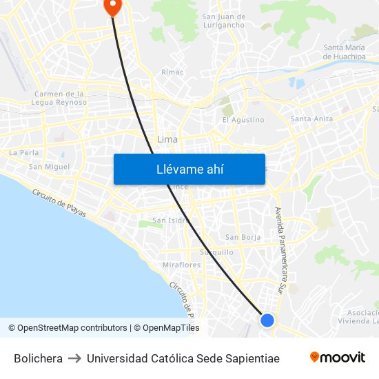 Bolichera to Universidad Católica Sede Sapientiae map