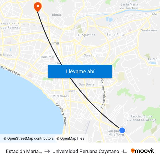 Estación María Auxiliadora to Universidad Peruana Cayetano Heredia - Campo Central map