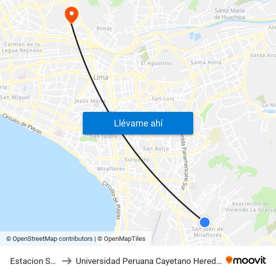 Estacion San Juan to Universidad Peruana Cayetano Heredia - Campo Central map