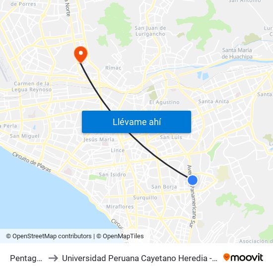 Pentagonito to Universidad Peruana Cayetano Heredia - Campo Central map