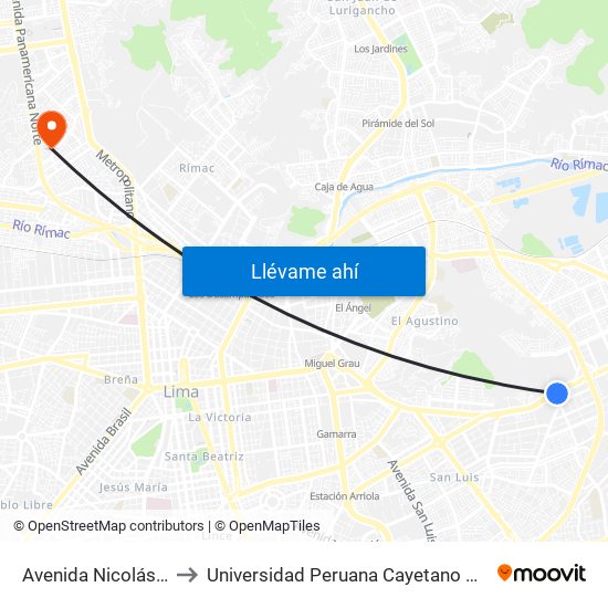Avenida Nicolás Ayllón, 2598 to Universidad Peruana Cayetano Heredia - Campo Central map