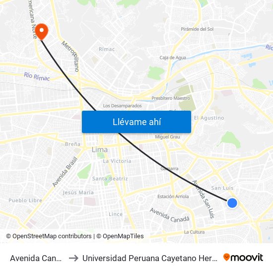 Avenida Canadá, 3921 to Universidad Peruana Cayetano Heredia - Campo Central map