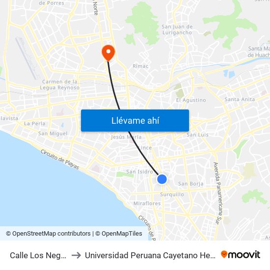 Calle Los Negocios, 499 to Universidad Peruana Cayetano Heredia - Campo Central map