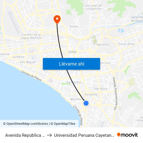 Avenida República De Panamá, 6190 to Universidad Peruana Cayetano Heredia - Campo Central map
