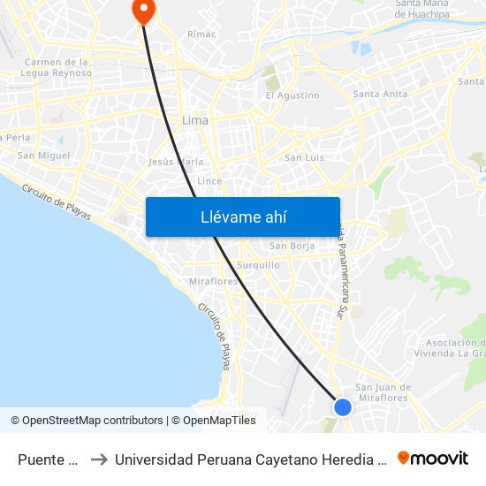 Puente Alipio to Universidad Peruana Cayetano Heredia - Campo Central map