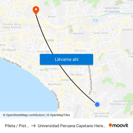 Pileta / Pista Nueva to Universidad Peruana Cayetano Heredia - Campo Central map