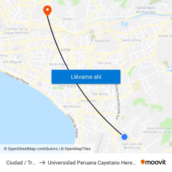 Ciudad / Tropicana to Universidad Peruana Cayetano Heredia - Campo Central map