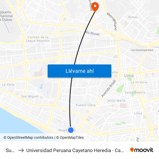 Sucre to Universidad Peruana Cayetano Heredia - Campo Central map