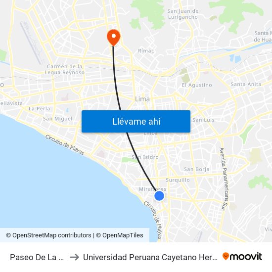 Paseo De La República to Universidad Peruana Cayetano Heredia - Campo Central map