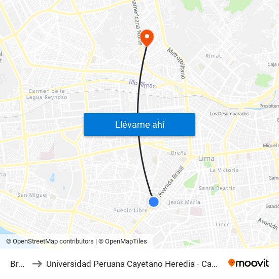 Brasil to Universidad Peruana Cayetano Heredia - Campo Central map