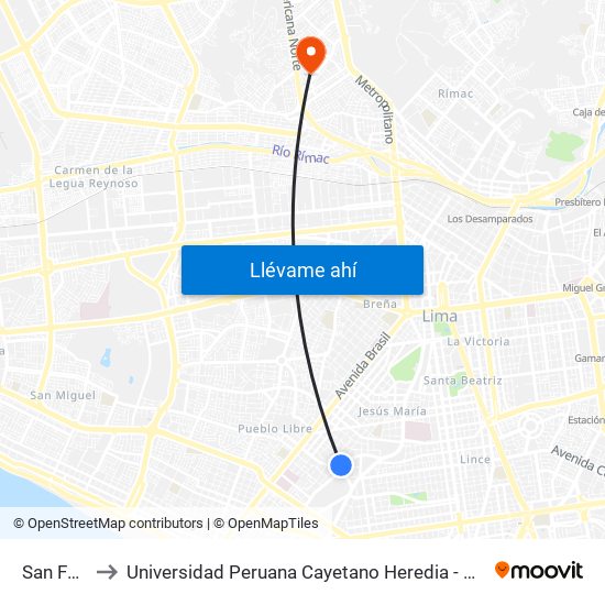 San Felipe to Universidad Peruana Cayetano Heredia - Campo Central map