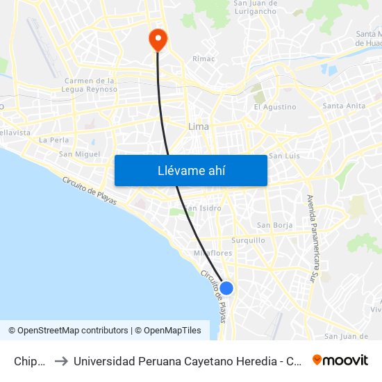 Chipoco to Universidad Peruana Cayetano Heredia - Campo Central map