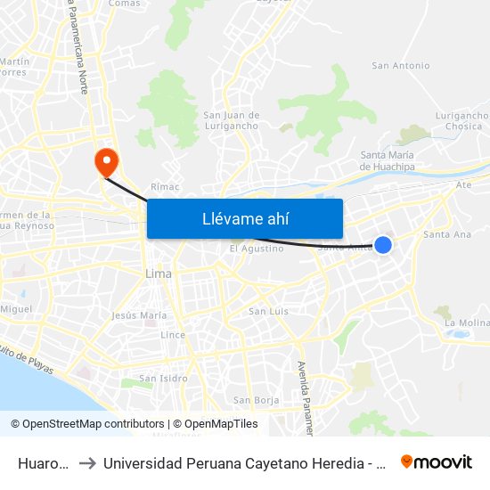 Huarochirí to Universidad Peruana Cayetano Heredia - Campo Central map