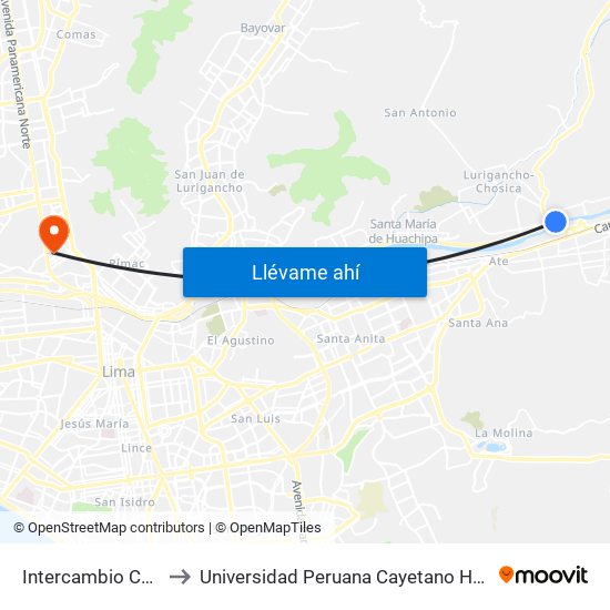 Intercambio Cajamarquilla to Universidad Peruana Cayetano Heredia - Campo Central map