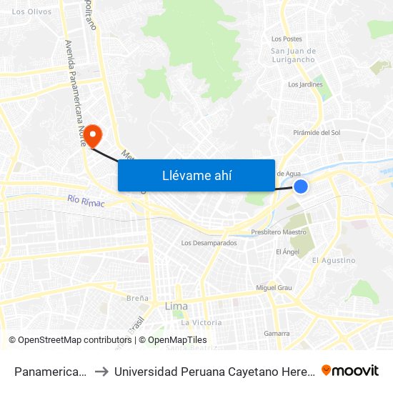 Panamericana Norte to Universidad Peruana Cayetano Heredia - Campo Central map