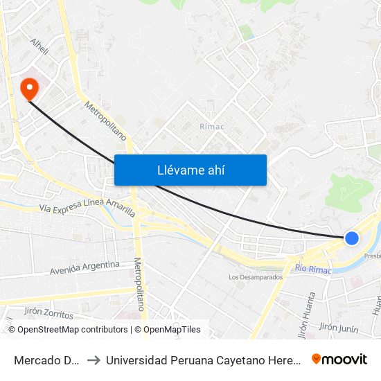 Mercado De Flores to Universidad Peruana Cayetano Heredia - Campo Central map