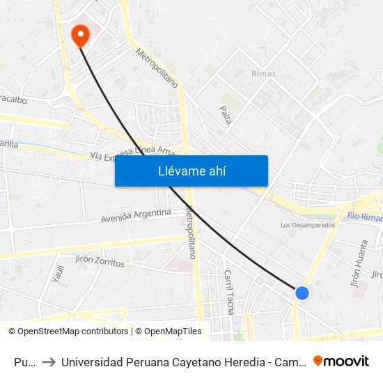 Puno to Universidad Peruana Cayetano Heredia - Campo Central map