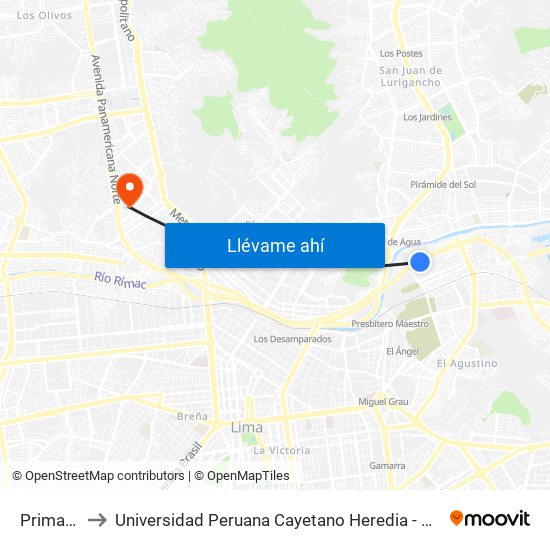 Primavera to Universidad Peruana Cayetano Heredia - Campo Central map