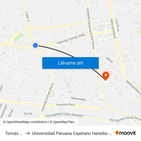 Tomás Valle to Universidad Peruana Cayetano Heredia - Campo Central map