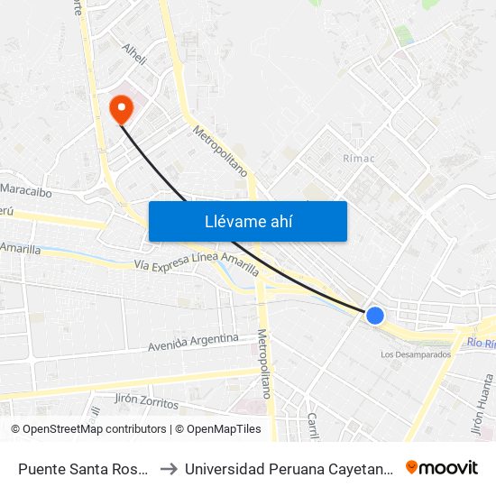 Puente Santa Rosa / Puente Trujillo to Universidad Peruana Cayetano Heredia - Campo Central map