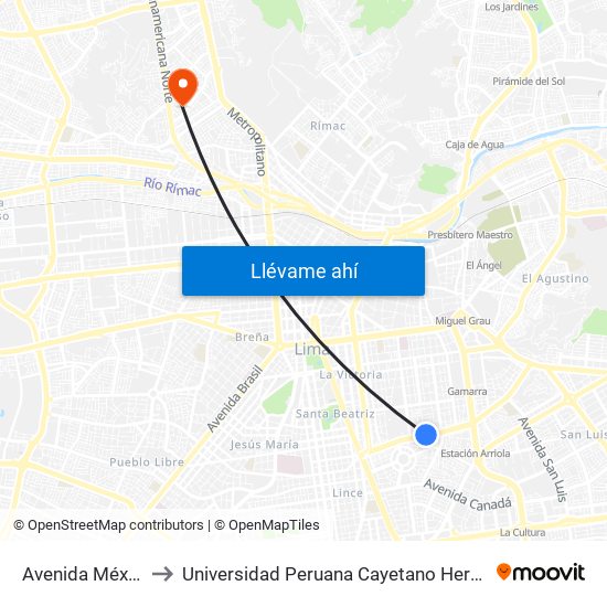 Avenida México, 1005 to Universidad Peruana Cayetano Heredia - Campo Central map