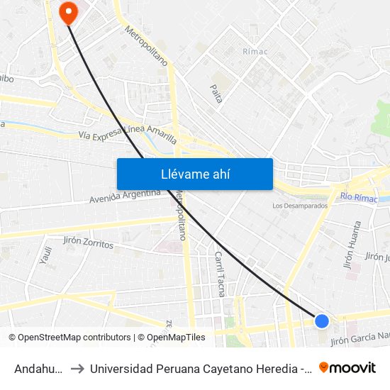 Andahuaylas to Universidad Peruana Cayetano Heredia - Campo Central map