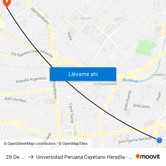 28 De Julio to Universidad Peruana Cayetano Heredia - Campo Central map